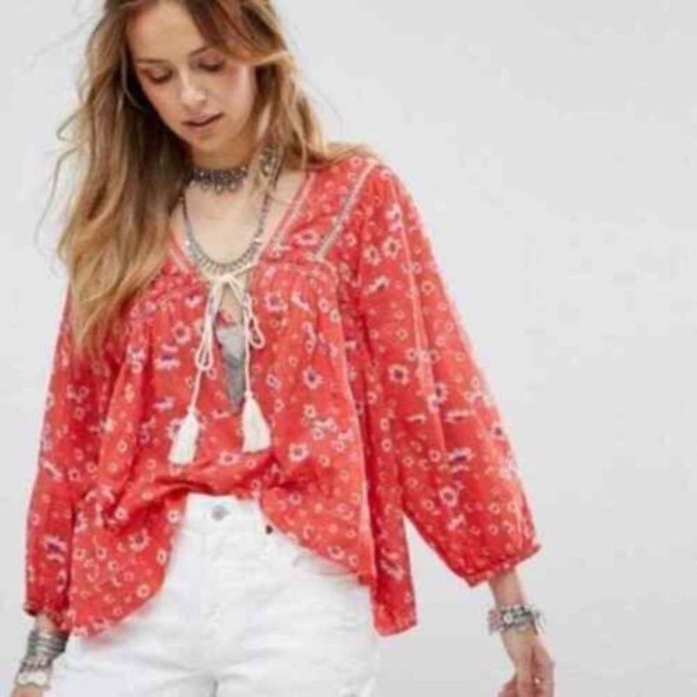 Free People Never‎ A Dull Moment Red Daisy Print Boho Top  SEE DESCRIPTION Sz S